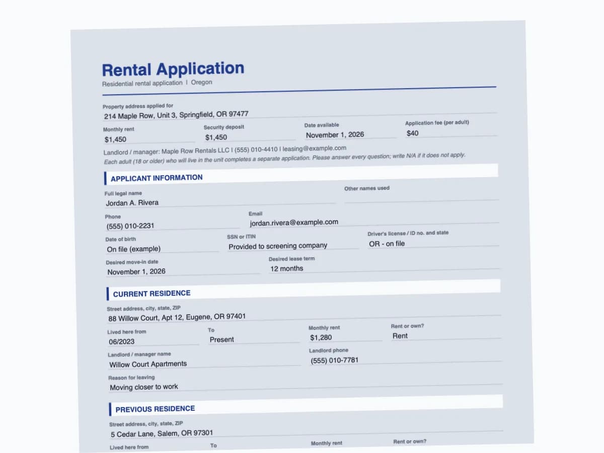 Example of a filled-in rental application form with applicant, residence and employment sections