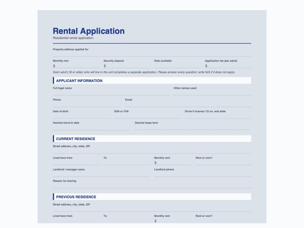 Blank rental application template, page one, with property and applicant sections